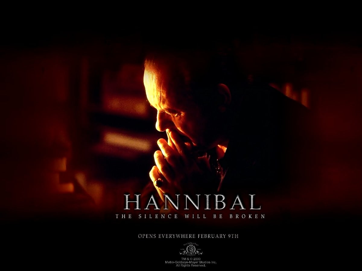 Kino, plakat, ogień, ciemność, książka (scena z filmu &quot;Hannibal&quot;) — tapeta na komputer